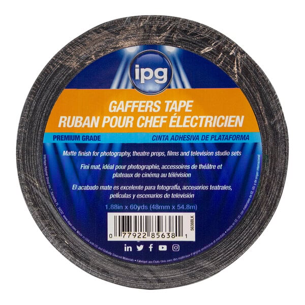 A roll of IPG premium grade black gaffers tape with a matte finish, measuring 1.88 inches by 60 yards.