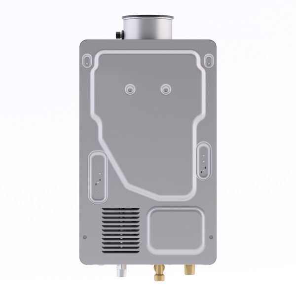 A wall-mounted indoor tankless water heater with a metal casing and multiple connection points at the bottom.