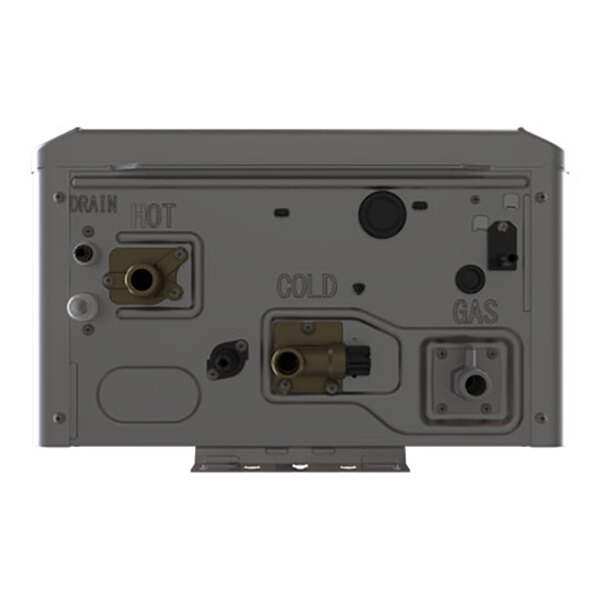 A wall-mounted tankless water heater with labeled connections for hot water, cold water, gas, and drain.