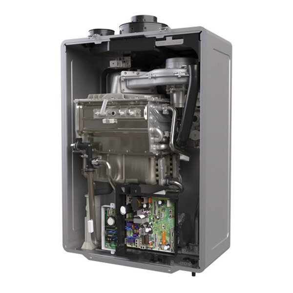 A wall-mounted tankless water heater with visible internal components and circuit board.