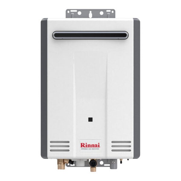A white rectangular Rinnai tankless water heater with a black square logo.