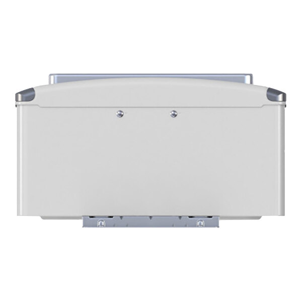 A white metal box with silver screws.