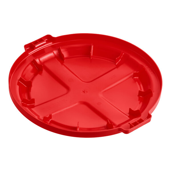 A red round plastic dome lid designed for a 32-gallon trash can.