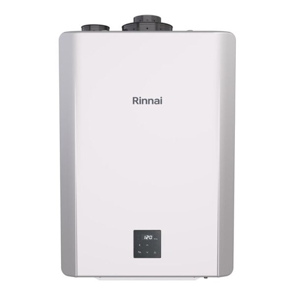 A white rectangular Rinnai tankless water heater with a black device.
