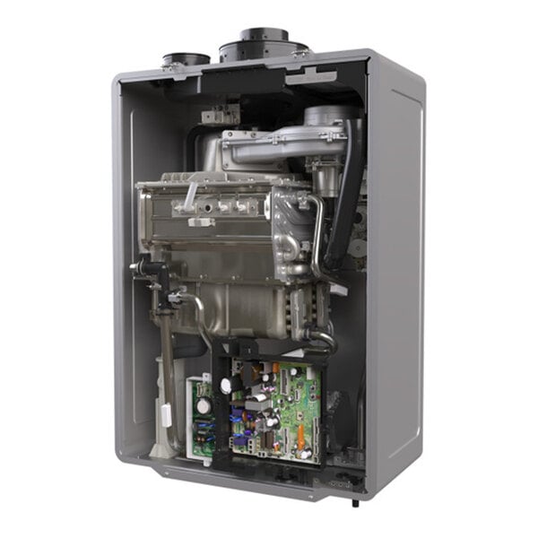 A Rinnai tankless water heater with the control panel open.