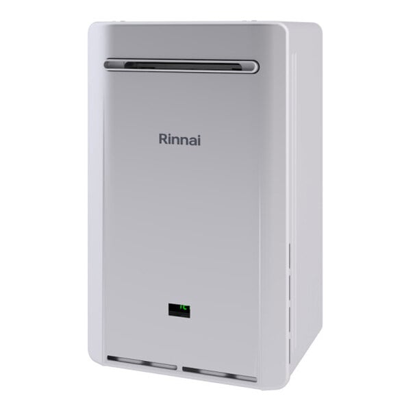 A white rectangular Rinnai tankless water heater with a green light.