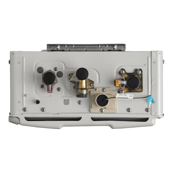 A wall-mounted outdoor tankless water heater with various connection points and control knobs.
