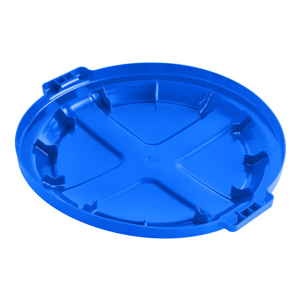 A blue round plastic dome trash can lid designed for a 32-gallon container.