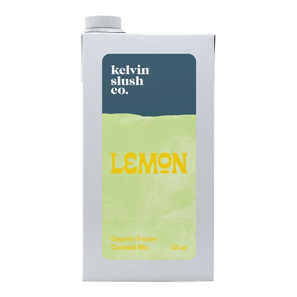 A white bottle of Kelvin Slush Co. Organic Frozen Lemon Cocktail Mix with a yellow label.