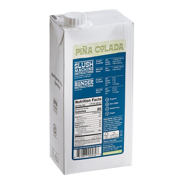 A 32 fl. oz. carton of Kelvin Slush Co. Organic Frozen Pina Colada Cocktail Mix.