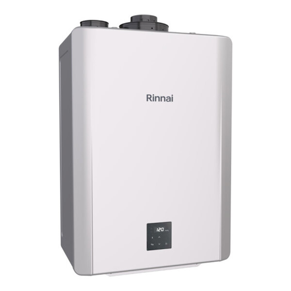 A white rectangular Rinnai tankless water heater with a black label and buttons.