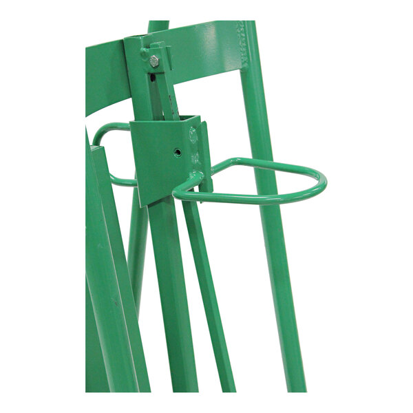 A green steel drum truck with a plastic drum chime hook attachment.