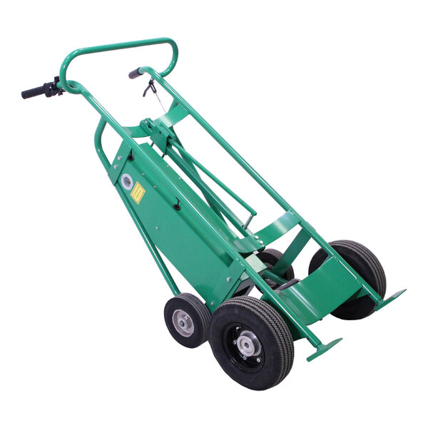 A green battery-powered steel drum truck with four wheels and a plastic drum chime hook.