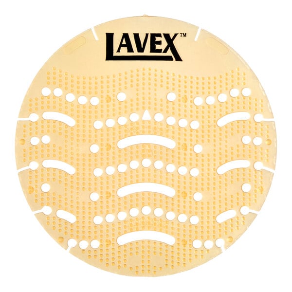 A round, yellow deodorizing gel urinal screen with perforations and the Lavex logo on top.
