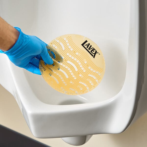 A yellow Lavex Sunshine Scent EVA deodorizing gel urinal screen being placed in a urinal by a person wearing a blue glove.