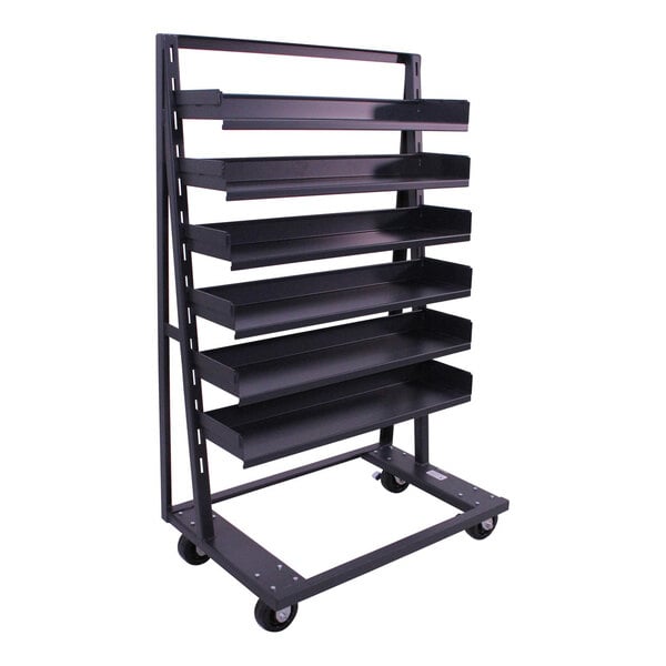 A heavy-duty single-sided A-frame cart with six trays and four caster wheels.