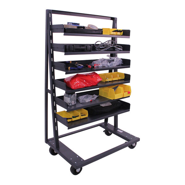 A heavy-duty single-sided A-frame cart with six trays, used for organizing and transporting tools and supplies.