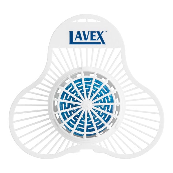 A white Lavex deodorizing urinal screen with a blue citrus-scented enzymatic block in the center.
