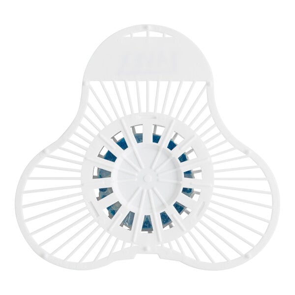 A white deodorizing urinal screen with a blue citrus-scented enzymatic block in the center.