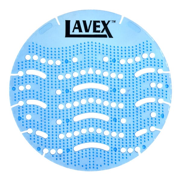 A round blue Lavex deodorizing gel urinal screen with a cotton blossom scent.
