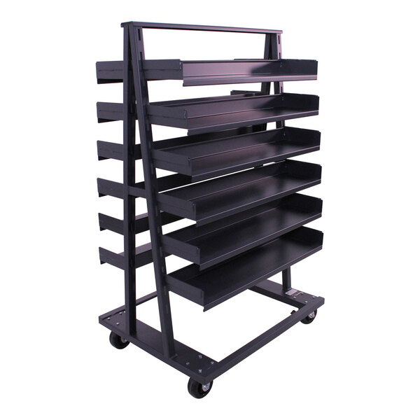 A heavy-duty double-sided A-frame cart with 12 trays and four caster wheels.