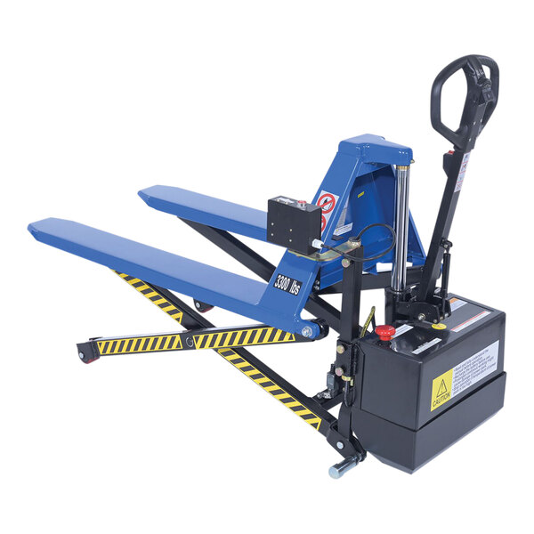 A battery-powered tote lifter with 45-inch by 27-inch forks and a photo eye sensor, designed for lifting loads up to 3,000 pounds.