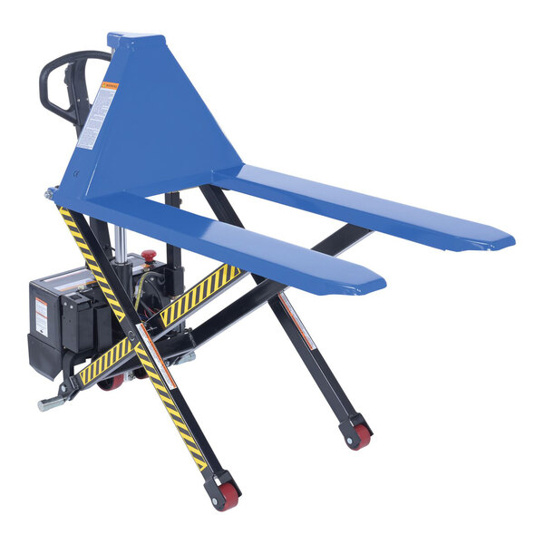 A blue battery-powered tote lifter with 45-inch by 27-inch forks and a photo eye sensor.