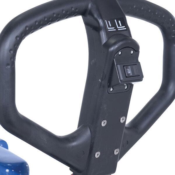 A close-up of the black handle and control switch of a battery-powered tote lifter.