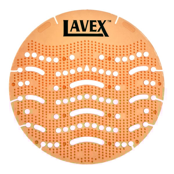A round orange Lavex mango-scented EVA deodorizing gel urinal screen with perforations and textured surface.