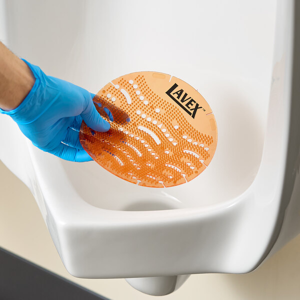 A round orange Lavex mango scent deodorizing gel urinal screen being placed in a white urinal by a person wearing a blue glove.