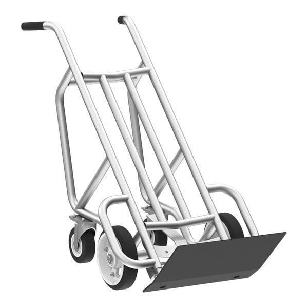 A four-wheel aluminum hand truck with solid rubber wheels and a black loading plate.