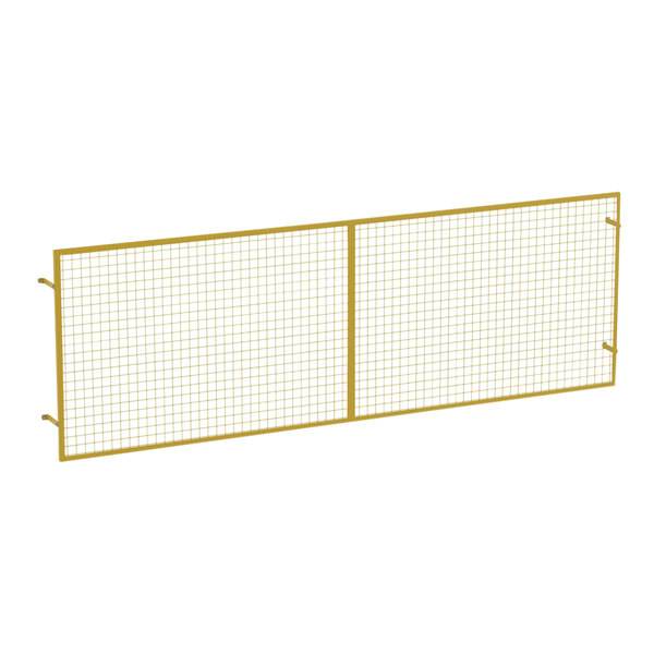 A yellow steel pallet rack back guard with a grid design.