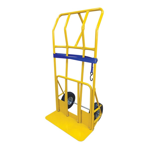 A yellow steel wide-load hand truck with a blue strap and 10-inch pneumatic wheels.