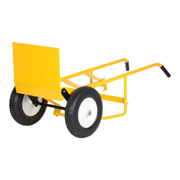 A yellow steel multi-purpose drum and hand truck with two large pneumatic wheels and black handles.