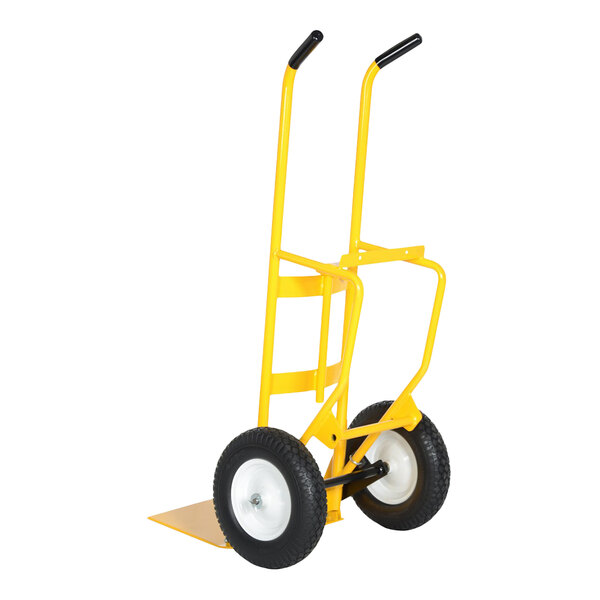 A yellow steel multi-purpose hand truck with two large pneumatic wheels and a flat loading platform.
