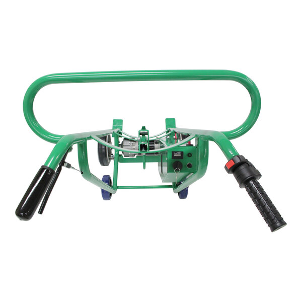 A green battery-powered steel drum truck with four wheels, locking cover chime hook, and solid rubber/polyurethane wheels.