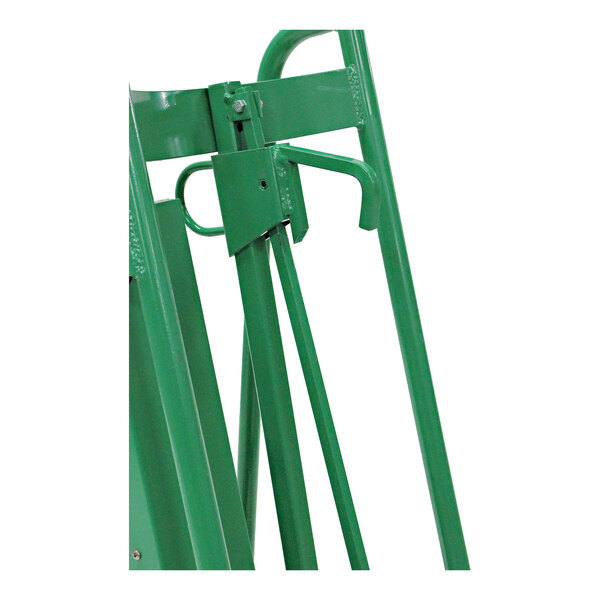 A green steel drum truck with a locking cover chime hook and sturdy metal frame.