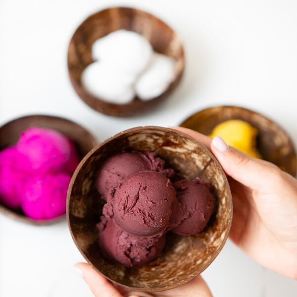 A hand holding a bowl of pink Pitaya Foods Organic Acai Sorbet