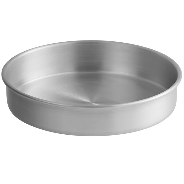 A close-up of a Choice 10" x 2" round aluminum cake pan.
