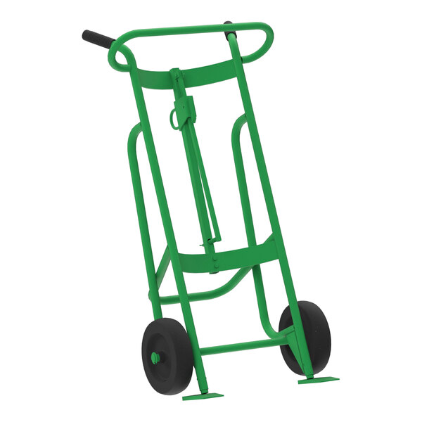 A green two-wheel steel drum truck with mold-on rubber wheels.
