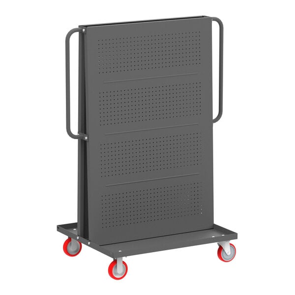 A gray double-sided A-frame tool cart with pegboards and red caster wheels.