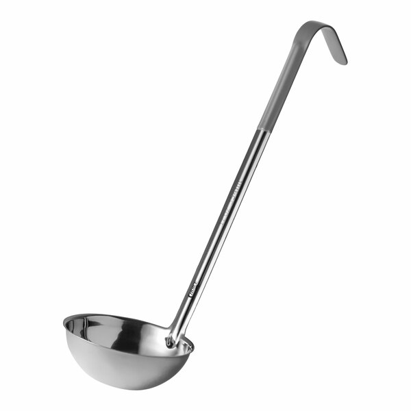 A stainless steel ladle with a gray coated handle and a 12 oz. capacity.