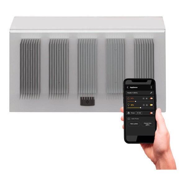 A hand holding a cell phone with a screenshot of the Bromic Heating Affinity Eclipse Controller app on the screen.