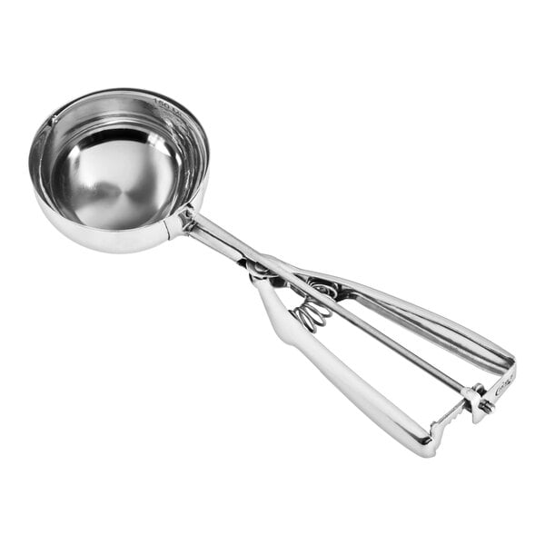 A round stainless steel squeeze handle disher with a 5.33 oz. capacity.