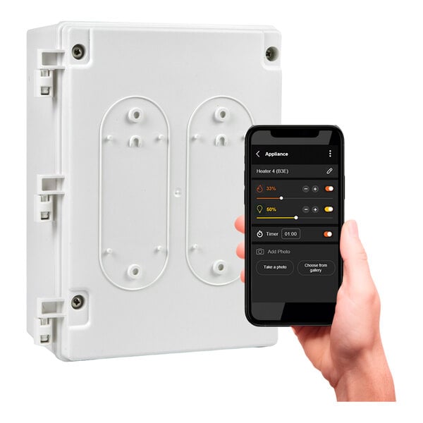 A hand using the Bromic Heating Affinity Smart-Heat Eclipse Controller app on a smart phone.