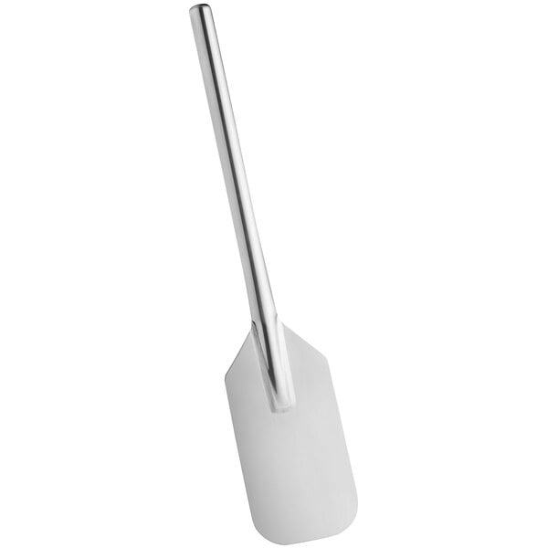 A stainless steel paddle with a long handle and a flat, rectangular blade.