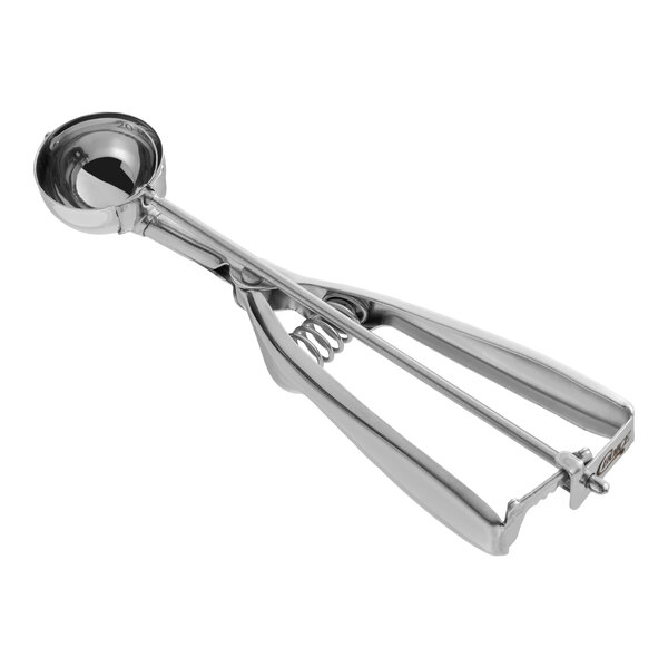 A stainless steel squeeze handle disher with a round scoop, designed for portioning 0.63 oz servings.