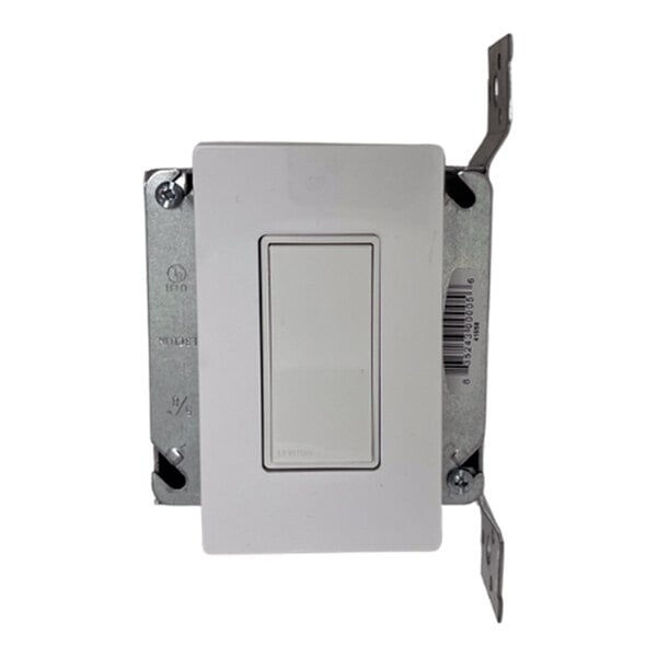 A rectangular white wall switch with a white button.