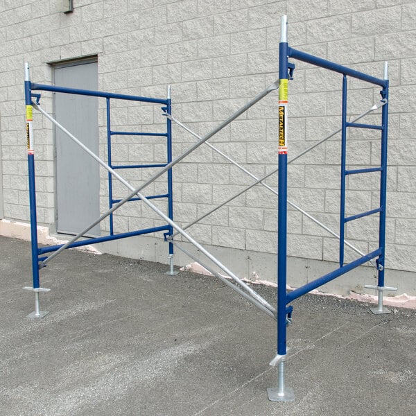 A galvanized steel scaffolding cross brace structure with blue vertical frames and metal cross supports, designed for construction use.