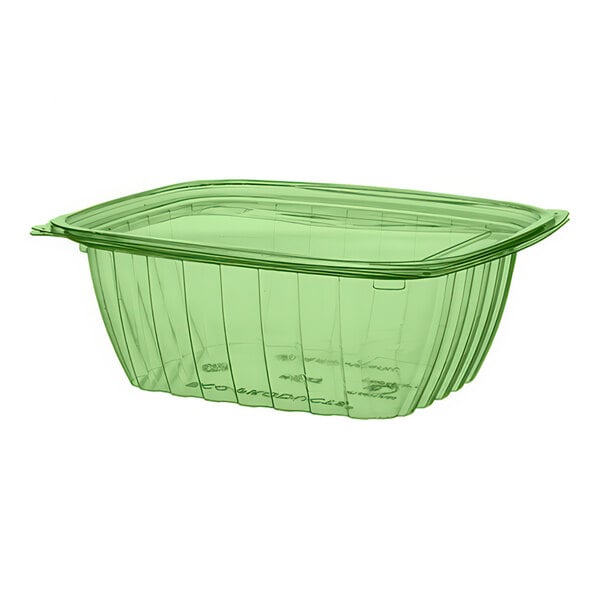 A rectangular green Eco-Products deli container with a flat lid.